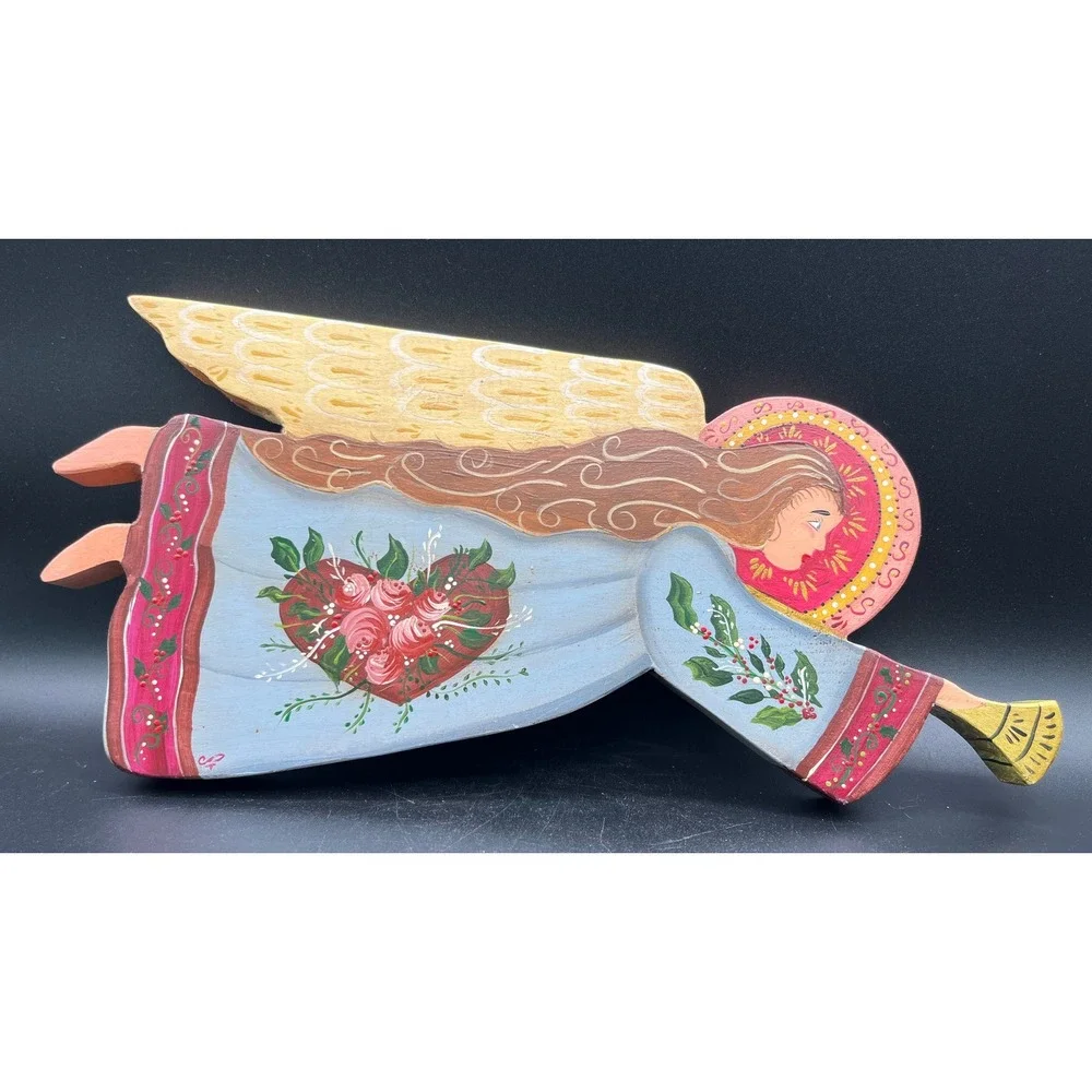 Hand Painted Wooden Angel Wall Hanging Trumpet Floral Folk Art Christmas Decor